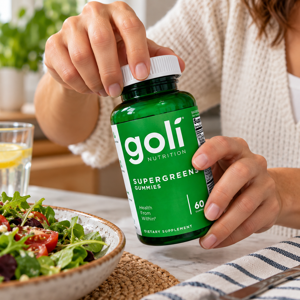 Preparing to open a Goli Supergreens bottle