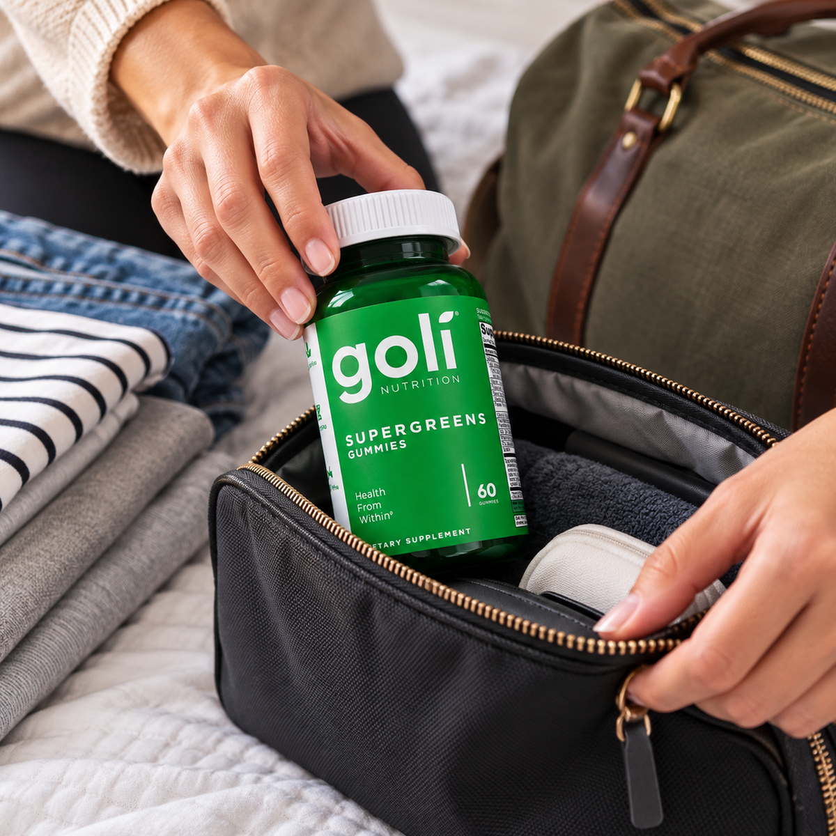Packing Goli Supergreens gummies for a trip