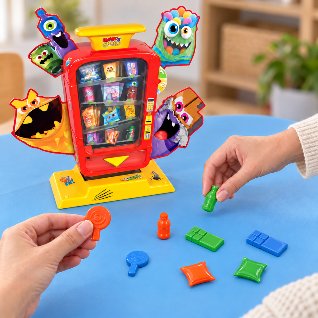 Hands sorting Smack N Snack lollipop, bottle, chocolate-bar and snack-bag toy pieces before play