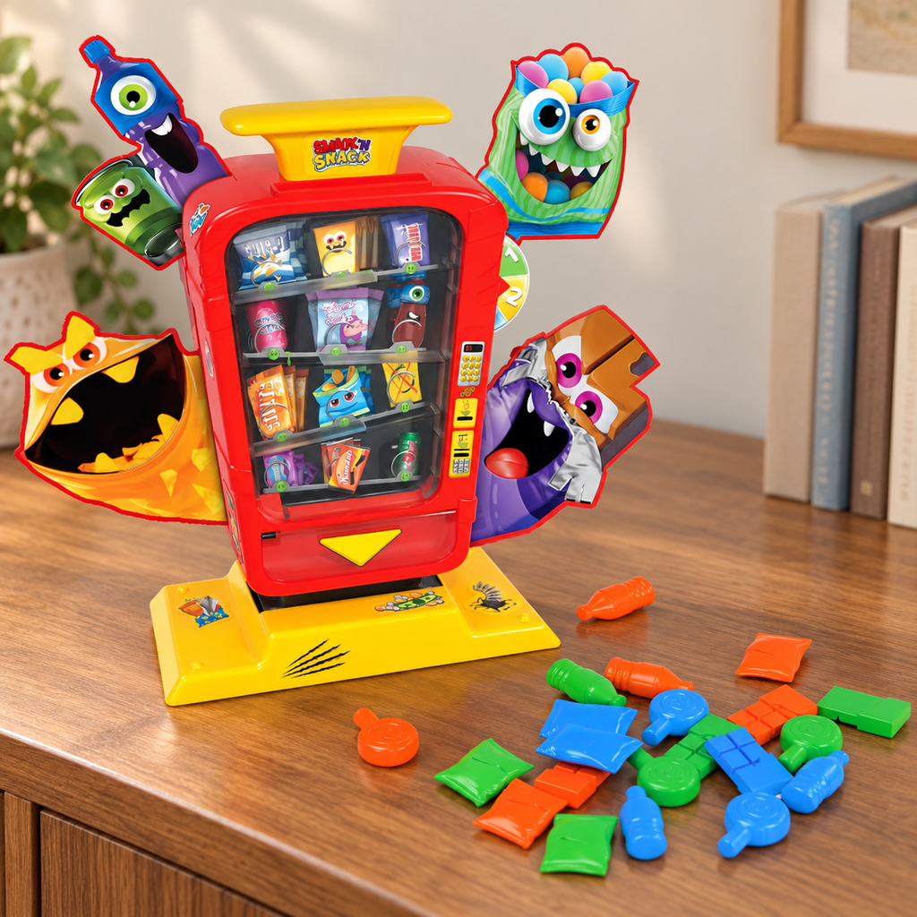 Smack N Snack game and toy candy pieces displayed on a wooden sideboard