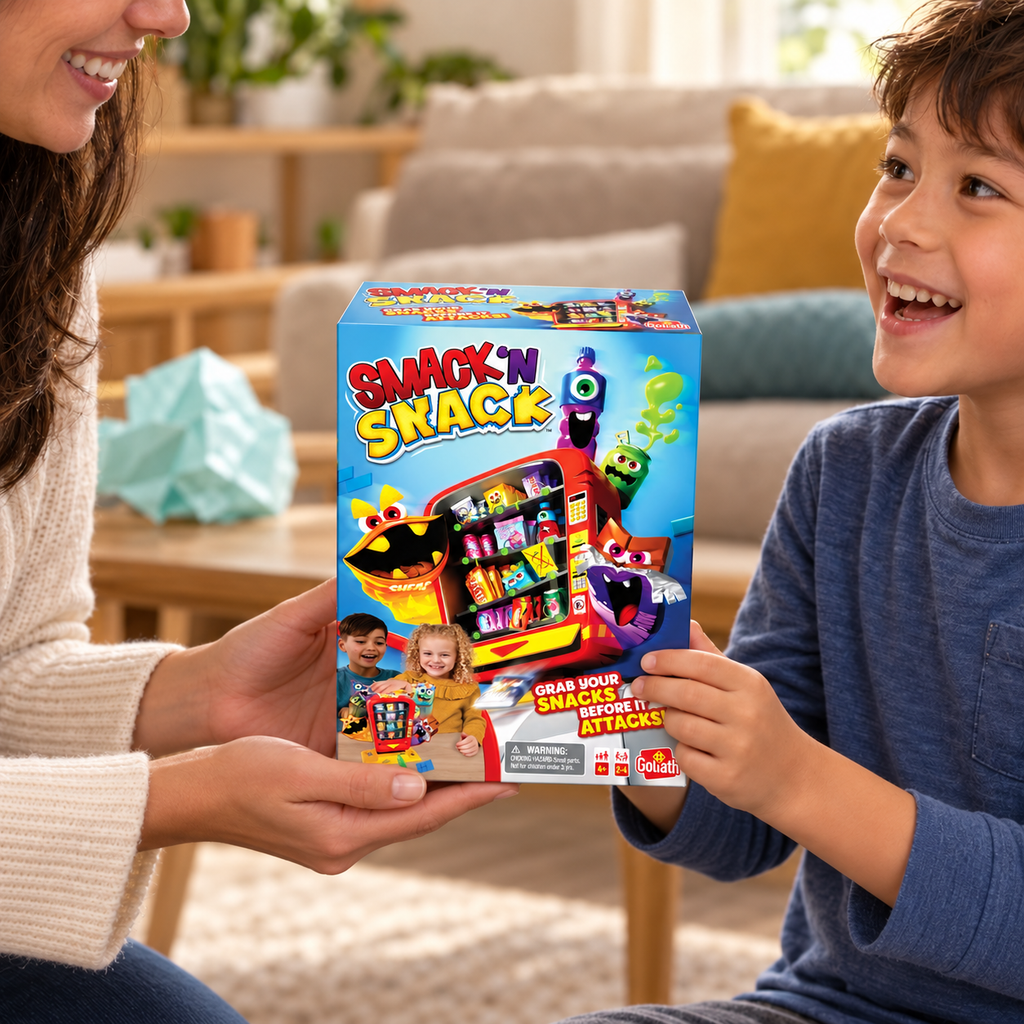 An adult handing a boxed Goliath Smack N Snack game to a child