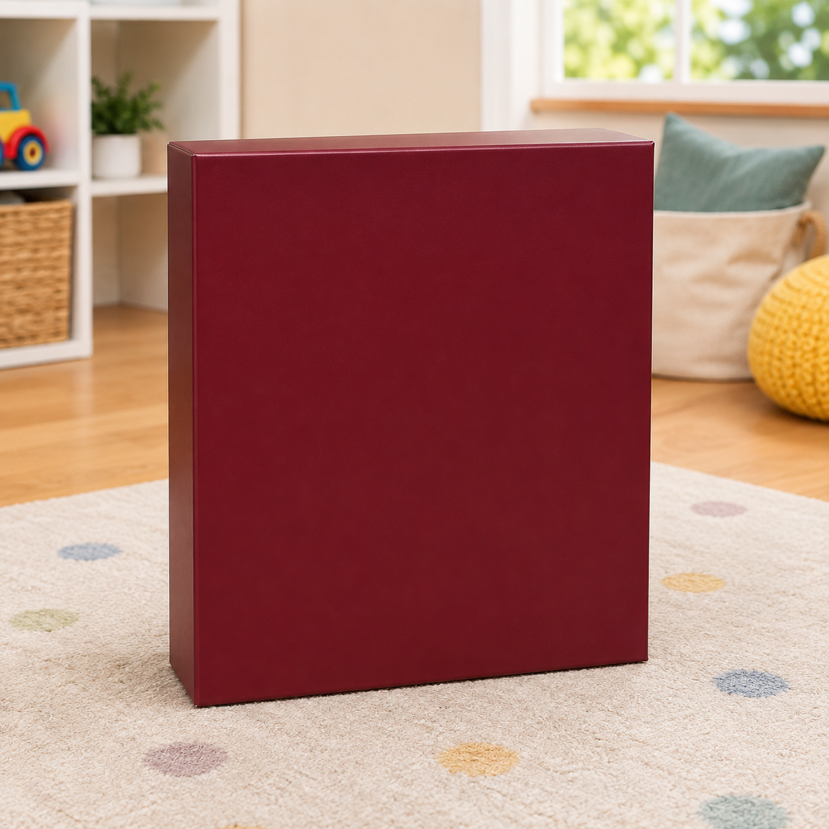 Goliath Smack 'N Snack — AI-generated playroom context with a blank rear-facing burgundy box; actual Smack 'N Snack package is image 1.