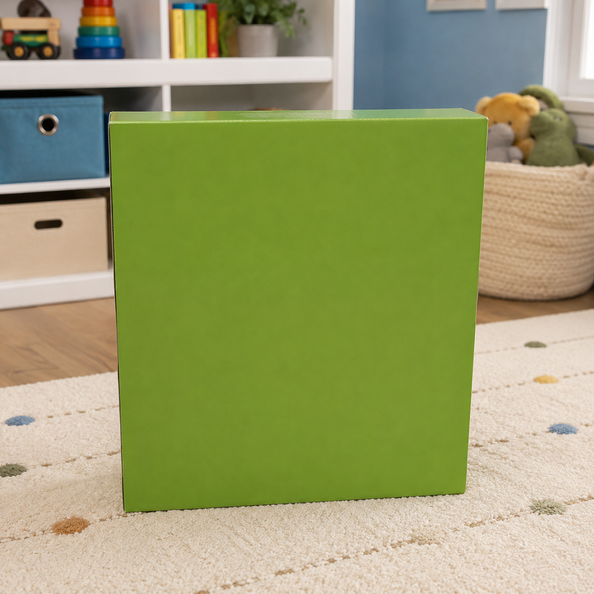 AI-generated playroom context with a blank grass-green game box; no product components or package claims shown. See image 1 for the actual Goliath Trash Stash item.