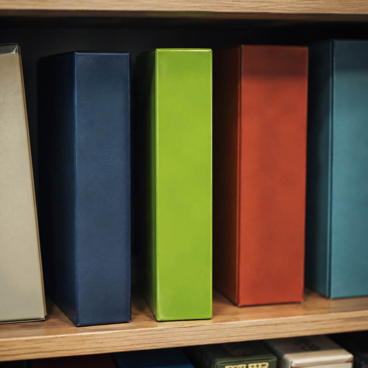 AI-generated shelf-display context showing only the edge of a blank grass-green game box; not an actual product photo. Genuine Goliath Trash Stash package is image 1.