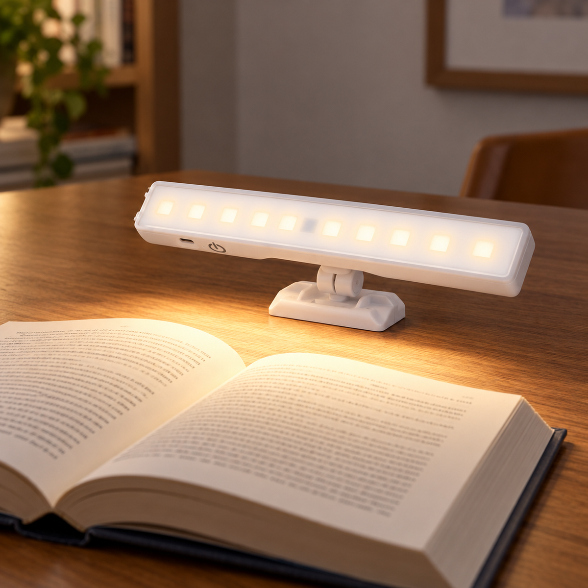 White rechargeable light bar on its central pivoting base illuminating an open book on a table.