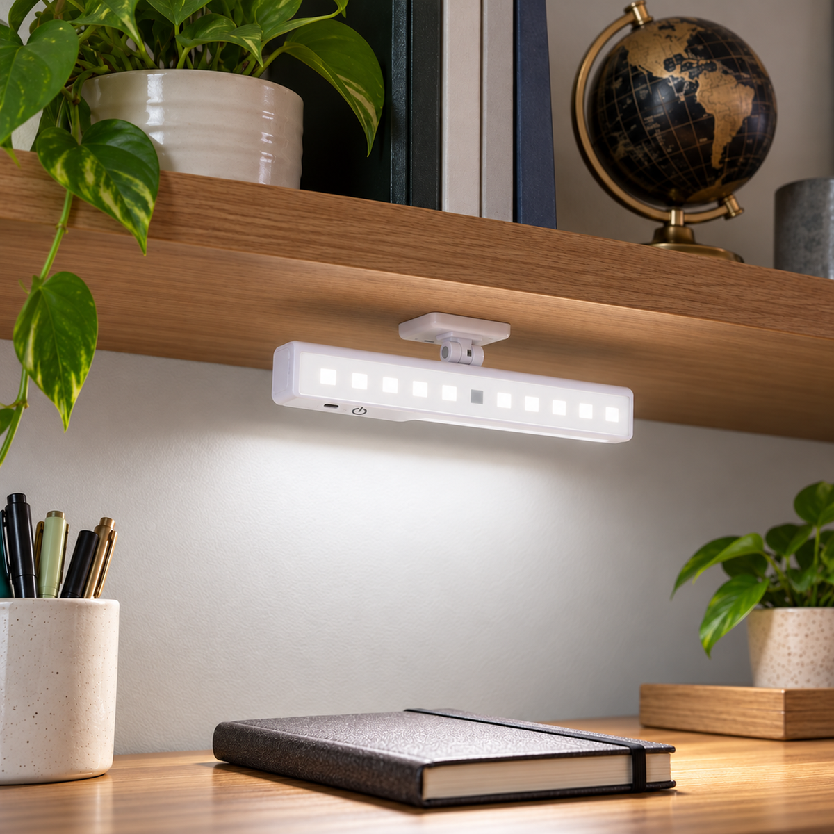 Short white rechargeable light bar mounted on its central pivot base below a shelf, illuminating a desk.