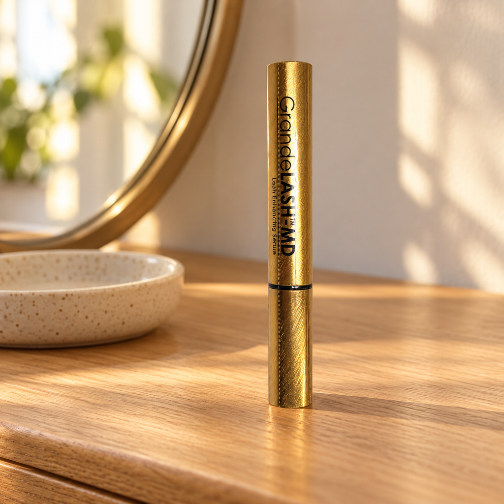 GrandeLASH-MD closed gold tube on a wooden dresser beside a ceramic dish