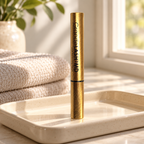 GrandeLASH-MD gold lash-serum tube on a cream tray near a window