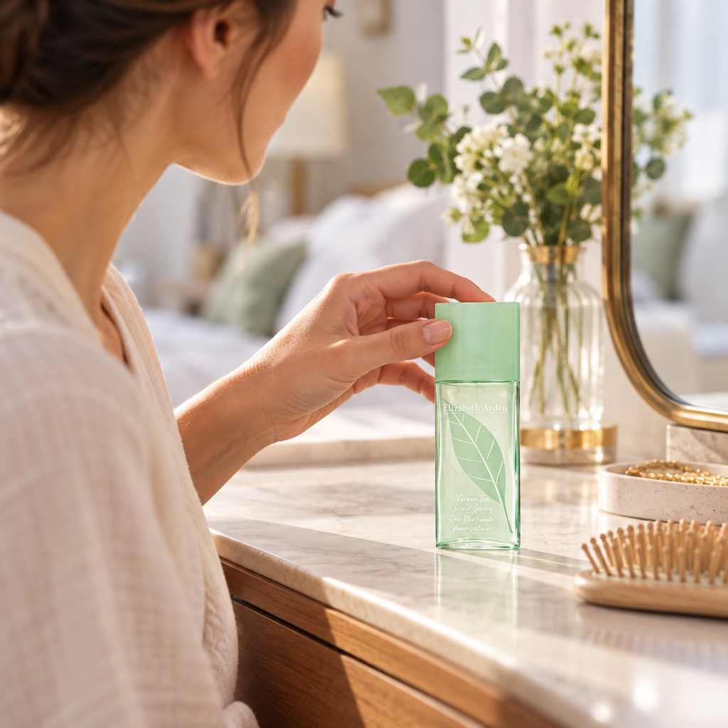Reaching for Elizabeth Arden Green Tea Scent Spray at a bedroom vanity