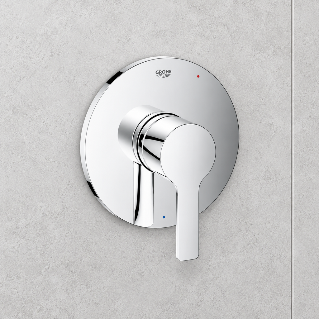 AI-generated setting illustration of GROHE Lineare 29167001 chrome pressure-balance trim on light gray wall; not an actual-unit photo.