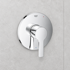 AI-generated setting illustration of GROHE Lineare 29167001 chrome pressure-balance trim on light gray wall; not an actual-unit photo.