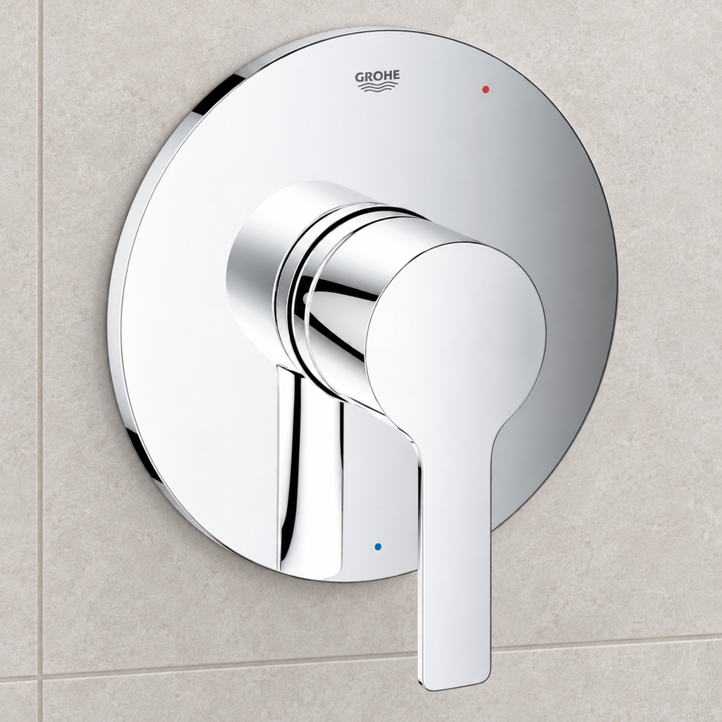 AI-generated setting illustration of GROHE Lineare 29167001 chrome pressure-balance trim on neutral tile; not an actual-unit photo.