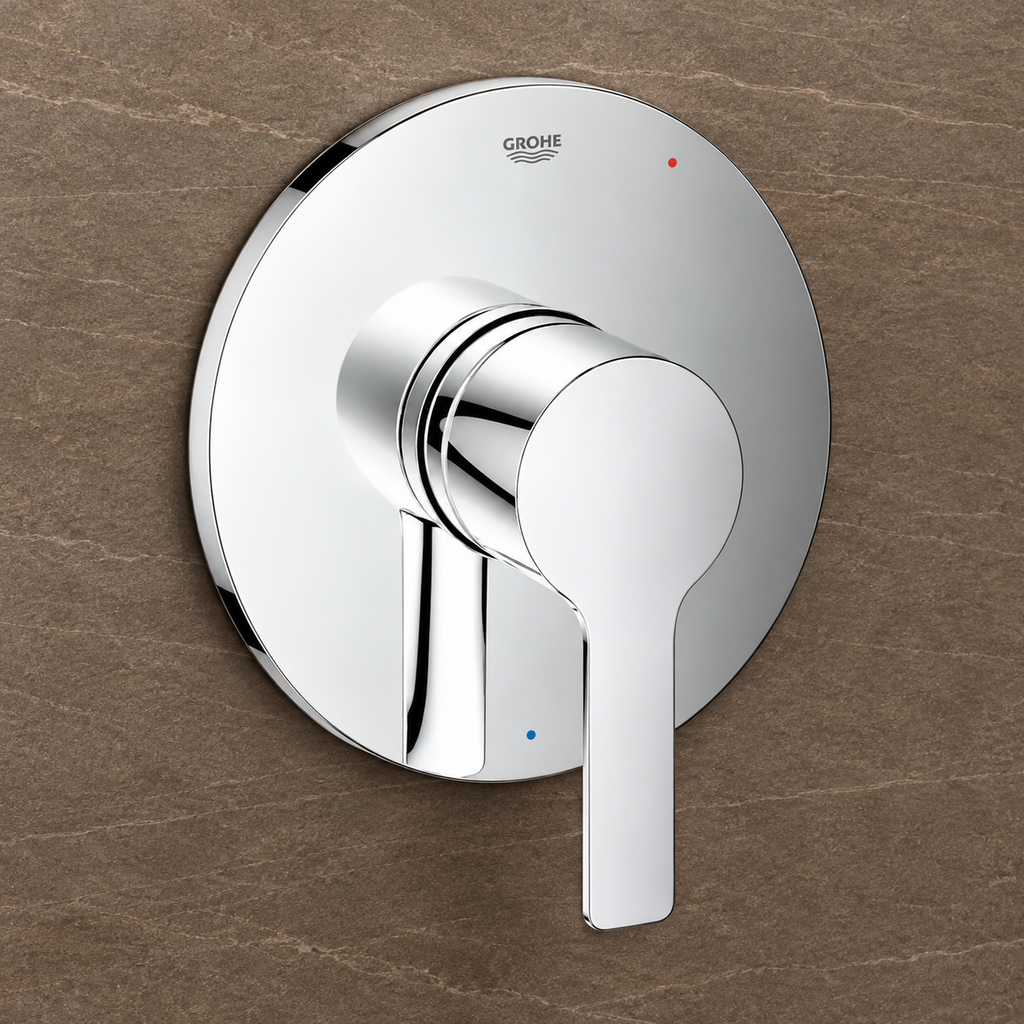AI-generated setting illustration of GROHE Lineare 29167001 chrome pressure-balance trim on warm stone wall; not an actual-unit photo.