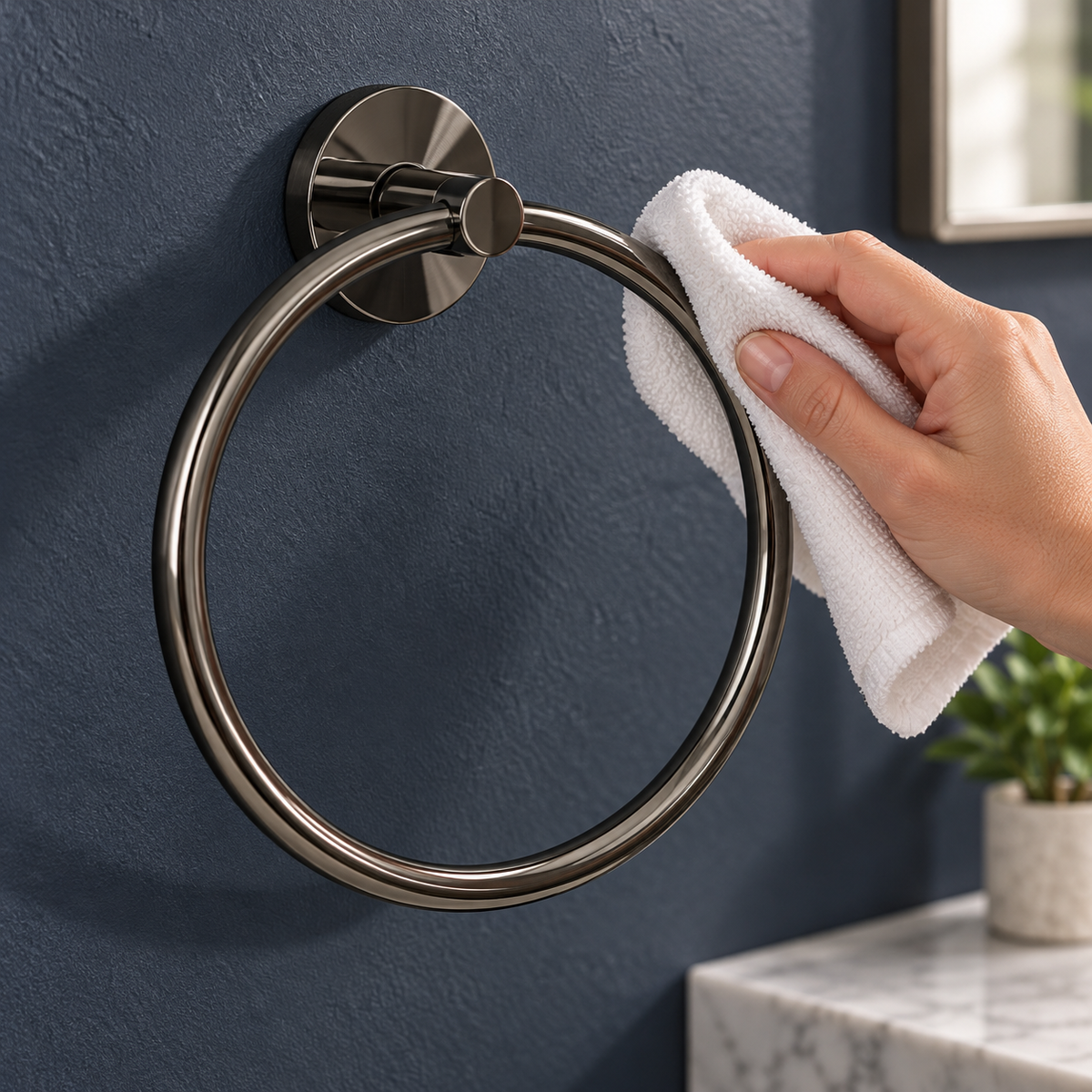 Wiping the dark metallic towel ring with a soft cloth