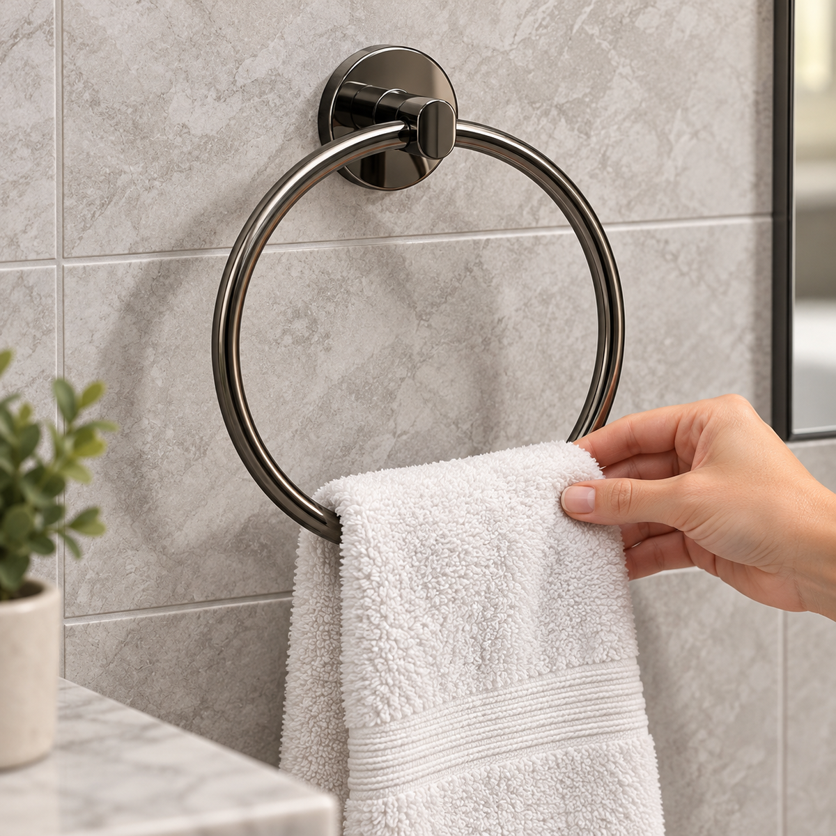 Placing a hand towel on a Hard Graphite GROHE Essentials towel ring