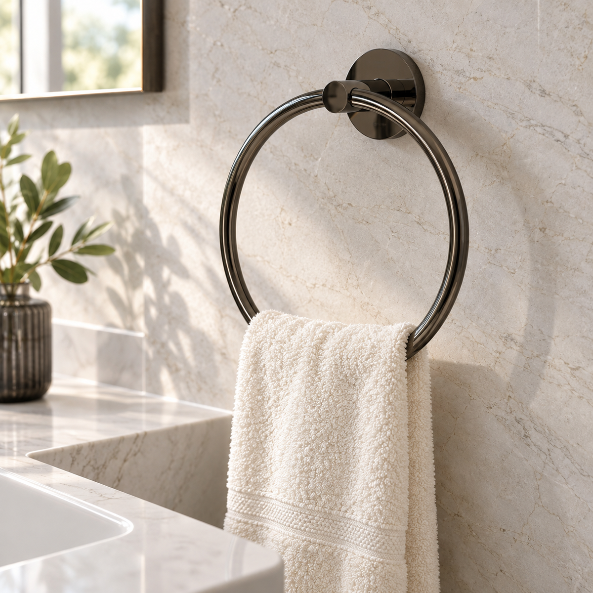 Hard Graphite GROHE Essentials towel ring holding an ivory hand towel beside a vanity