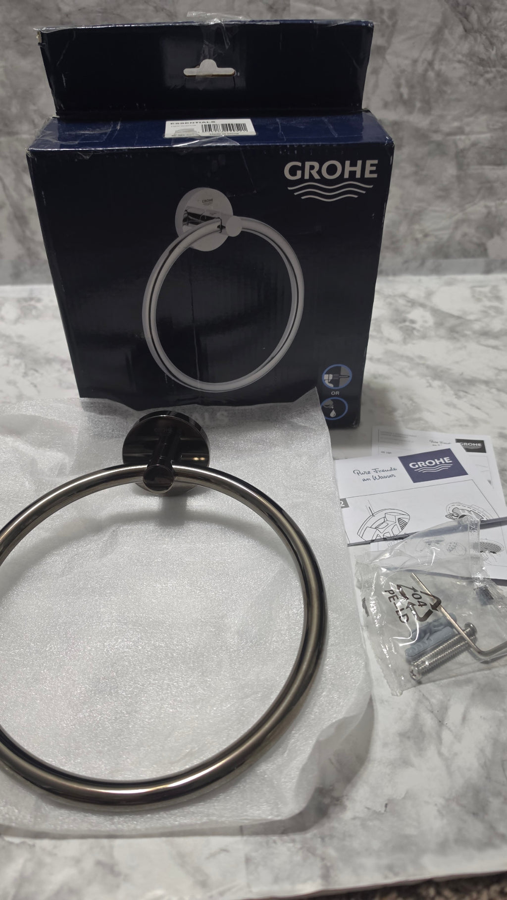 Actual GROHE Hard Graphite towel ring, mounting hardware and original box showing wear