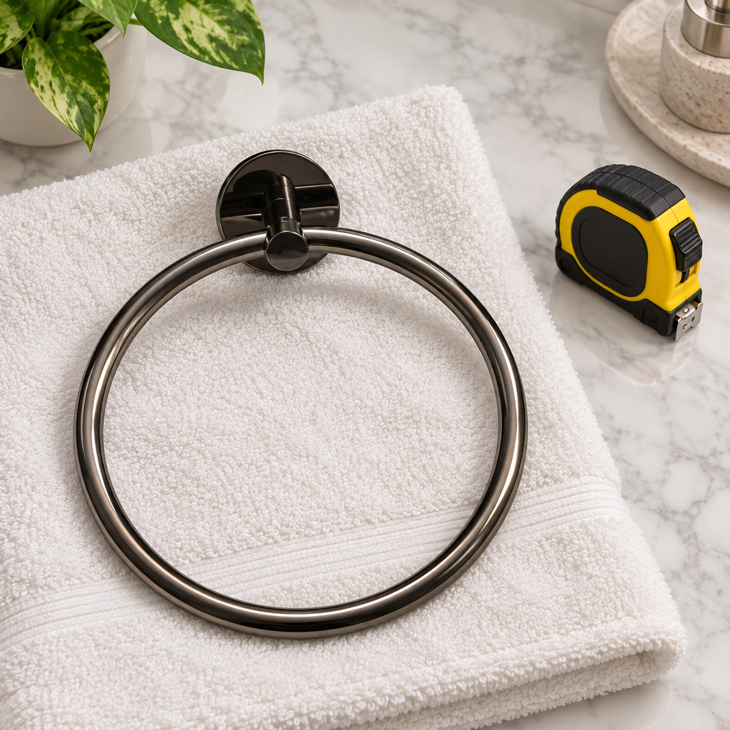 GROHE Hard Graphite towel ring set out for installation planning