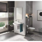 Manufacturer bathroom scene showing GROHE Essentials 40371001 single-post swivel towel bar near a basin; surrounding fixtures and towel not included.