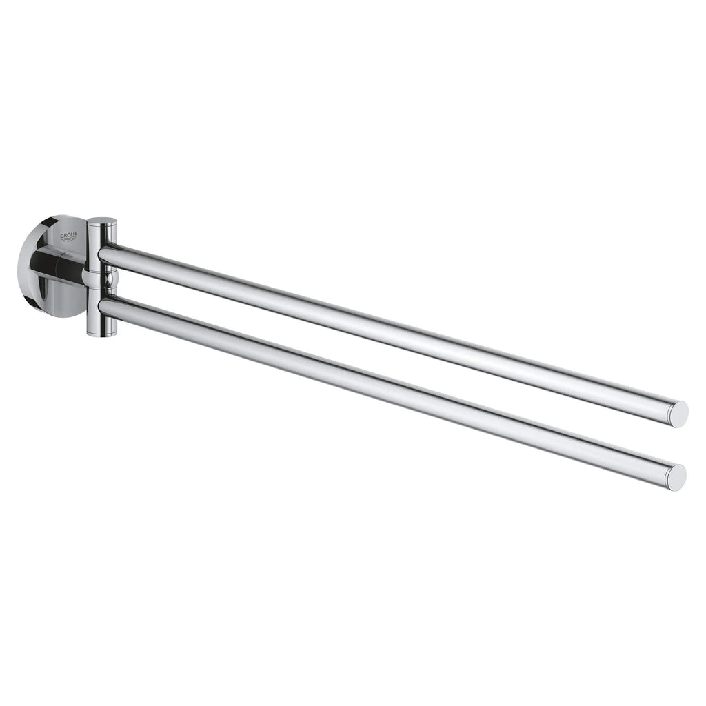 Manufacturer studio image of GROHE Essentials 40371001 polished chrome towel bar with two pivoting arms on one round wall mount.