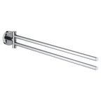 Manufacturer studio image of GROHE Essentials 40371001 polished chrome towel bar with two pivoting arms on one round wall mount.