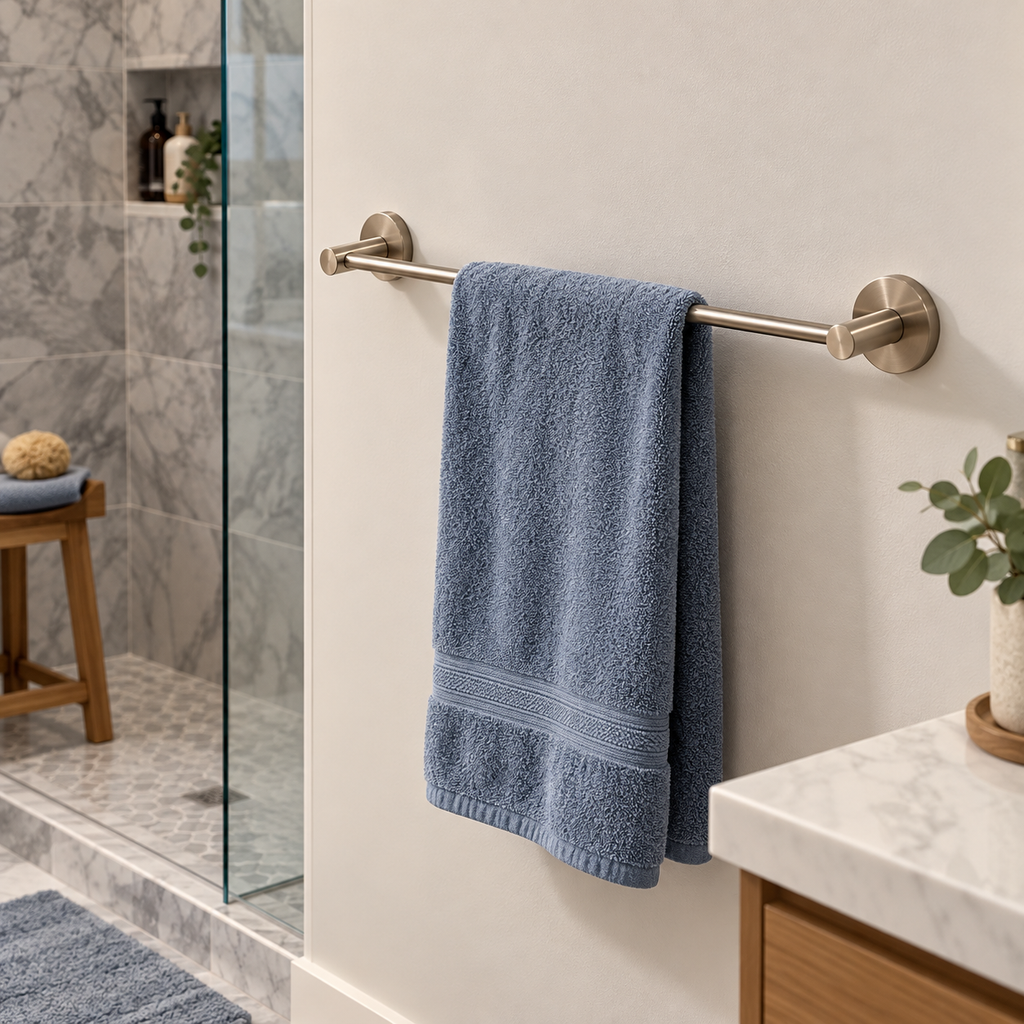 GROHE Essentials brushed nickel towel bar holding a blue towel beside a shower