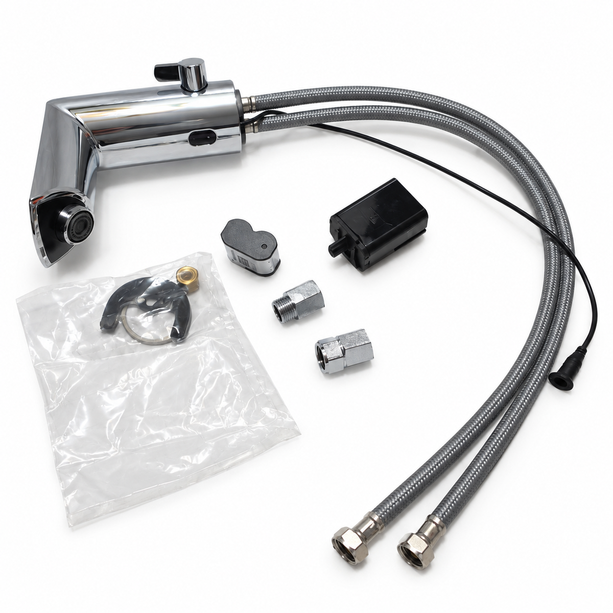 Chrome GROHE touchless bathroom faucet with two braided hoses, battery and black housing, mounting hardware and two inlet fittings; no wall adapter