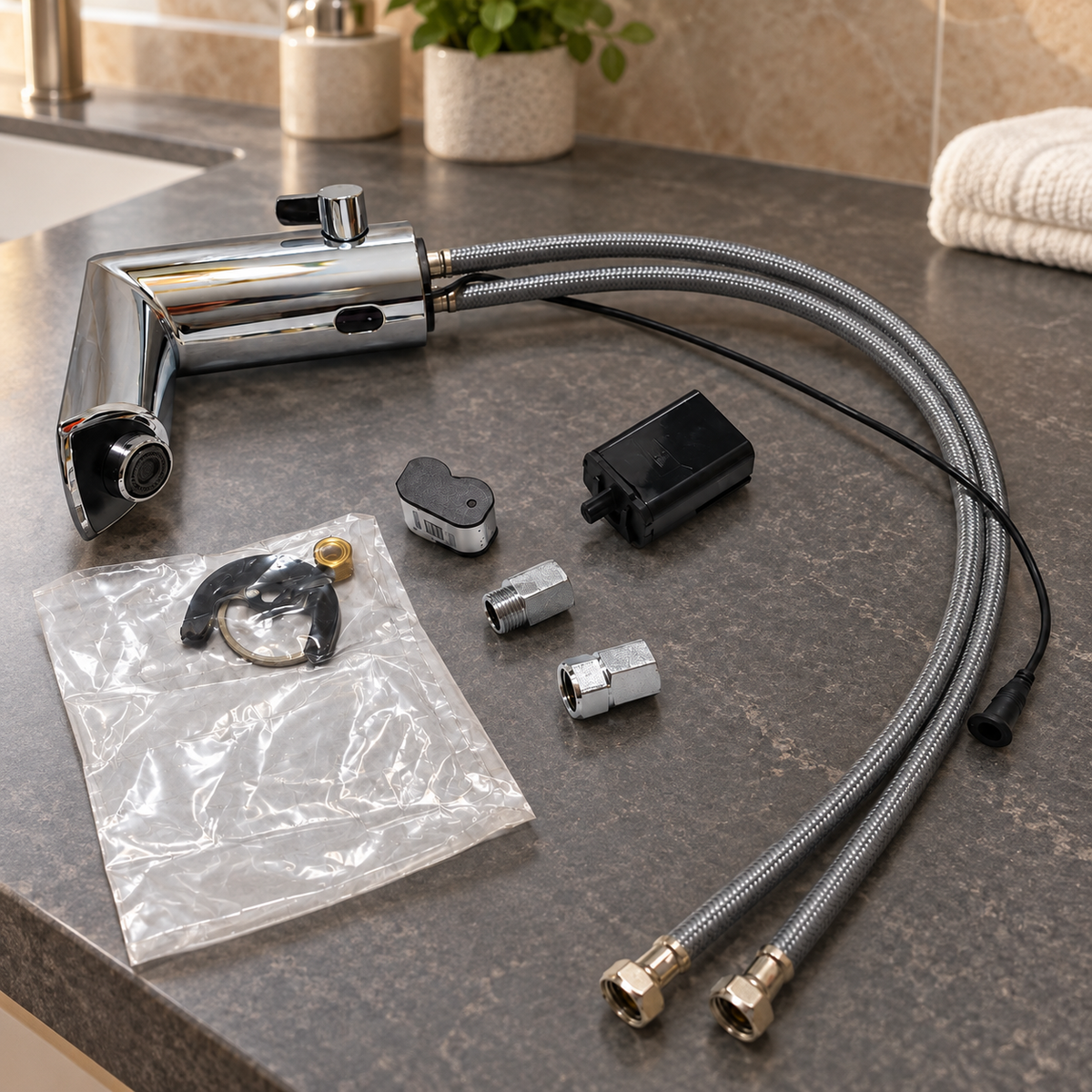 GROHE battery-powered touchless faucet and included components on a warm guest-bathroom stone counter; illustrative setting, props not included