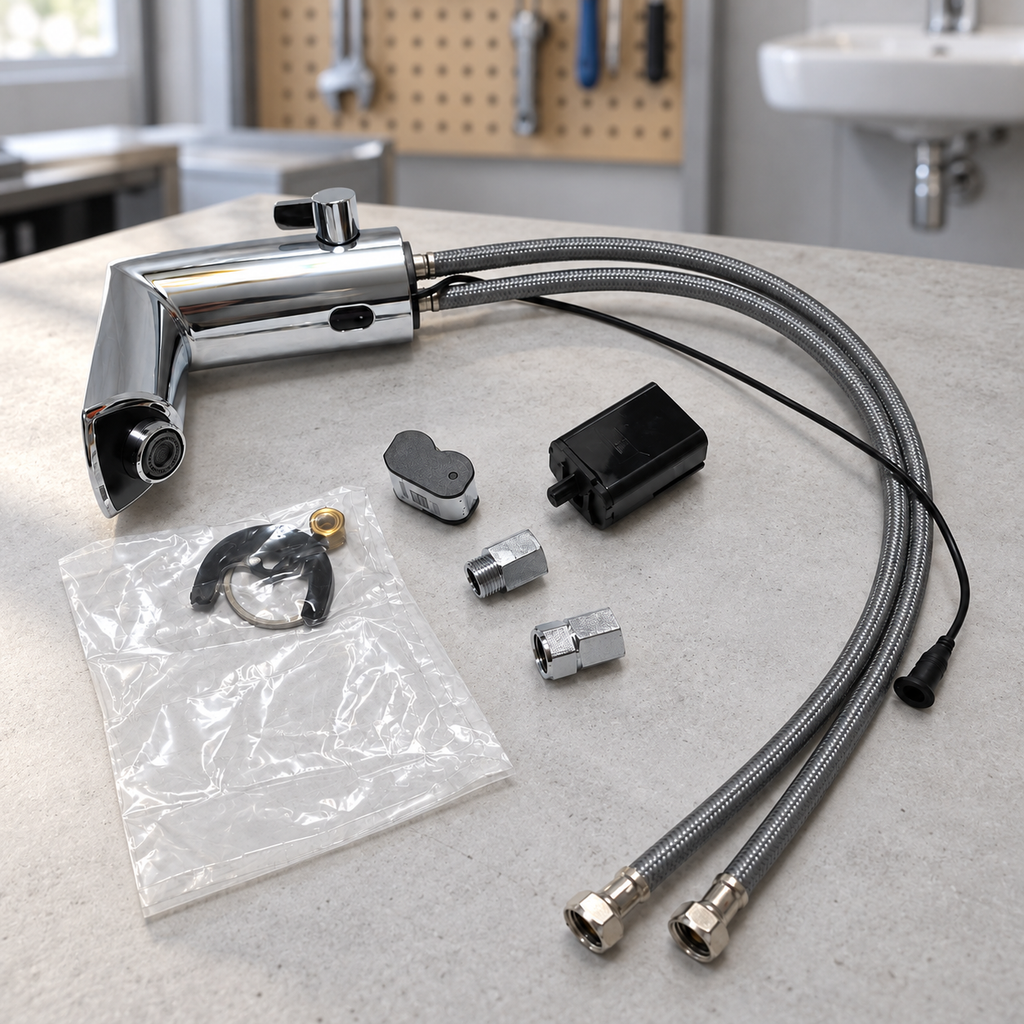 GROHE chrome touchless faucet, battery housing, hoses and mounting components on a plumbing preparation bench; illustrative setting, tools not included