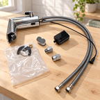GROHE battery-powered faucet and included fittings laid out on a sunlit wood utility counter; illustrative setting, decor not included