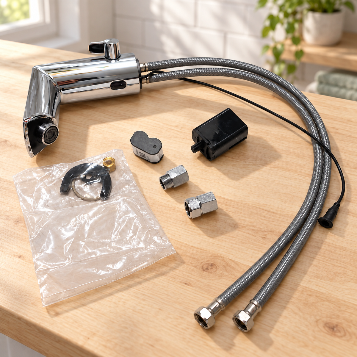 GROHE battery-powered faucet and included fittings laid out on a sunlit wood utility counter; illustrative setting, decor not included