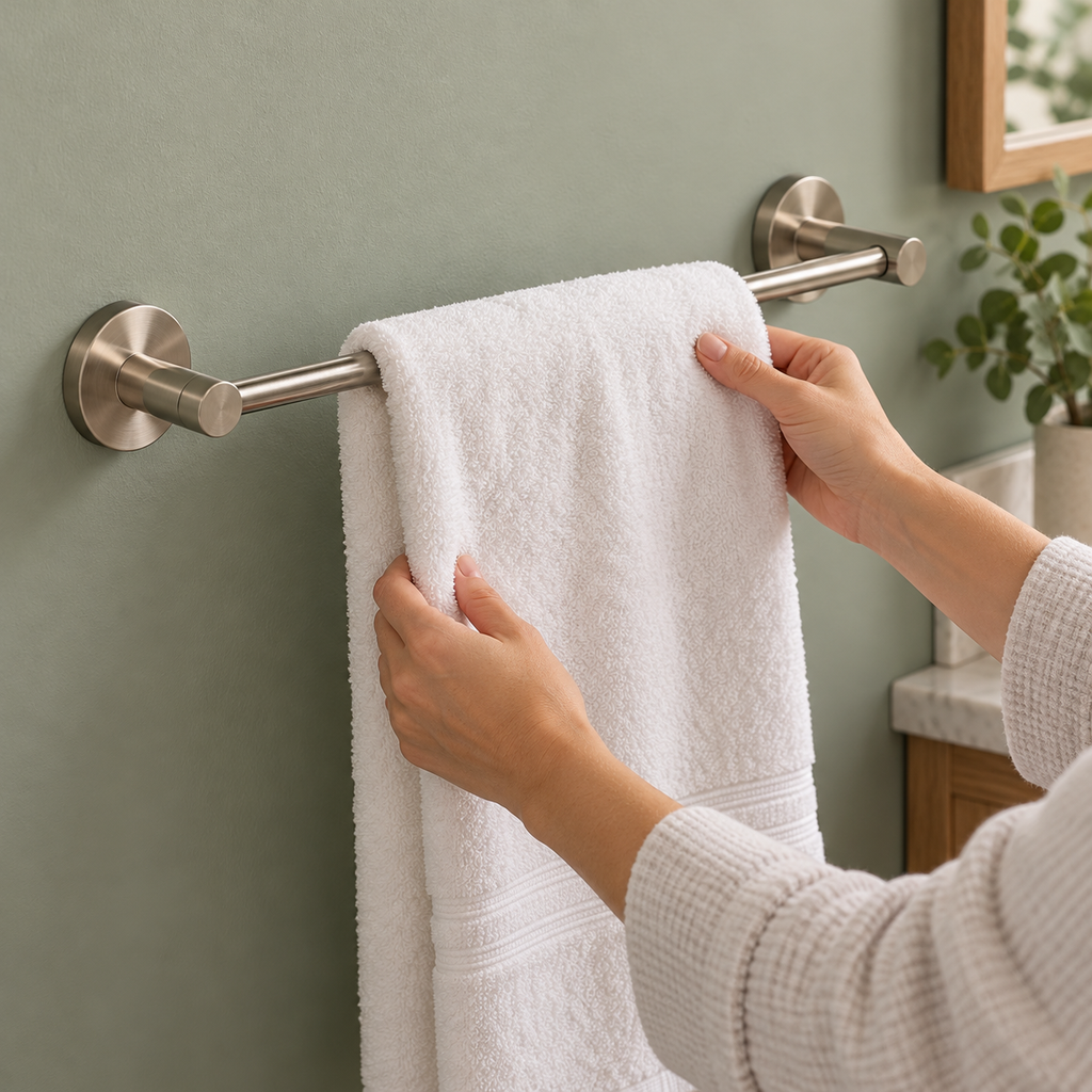Hanging a white bath towel on a brushed nickel GROHE Essentials towel bar