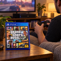 Playing Grand Theft Auto V on PS4 with the standard game case on the table