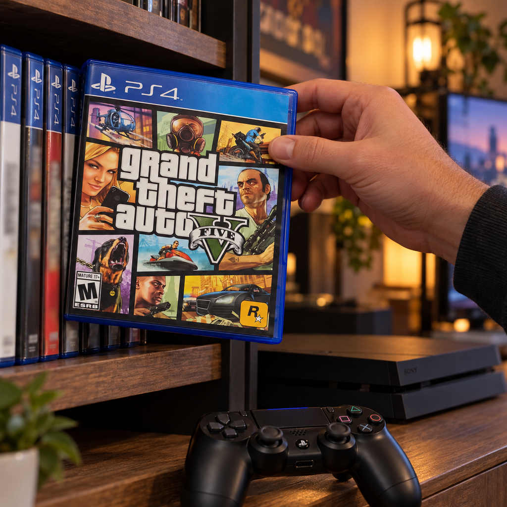 Choosing the GTA V PS4 game case from a shelf