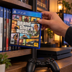 Choosing the GTA V PS4 game case from a shelf