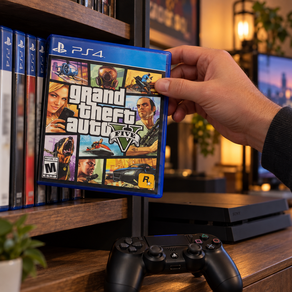 Choosing the GTA V PS4 game case from a shelf