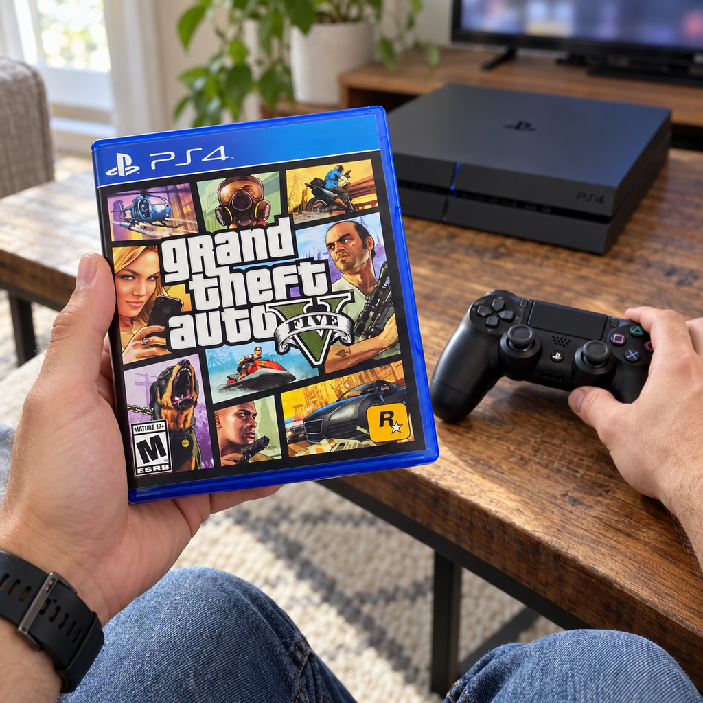 Picking up a DualShock 4 controller beside the GTA V PS4 case