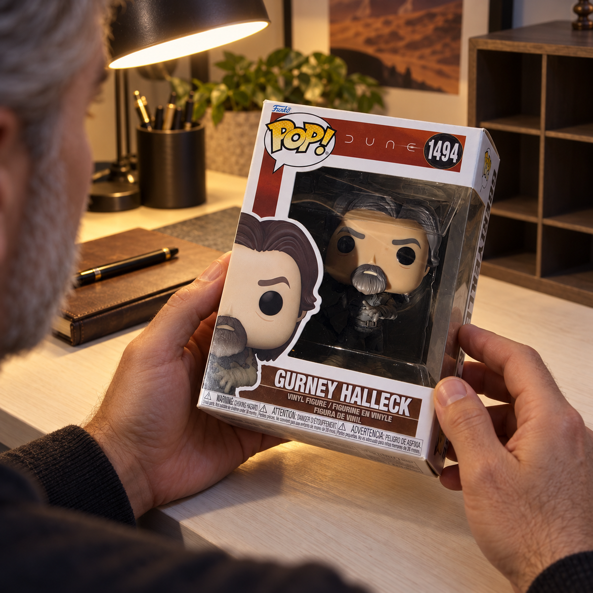 Boxed Funko Pop! Gurney Halleck #1494 being examined at a collector's desk.