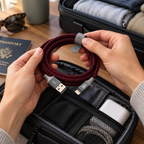 AI-generated lifestyle illustration of a cranberry HabitatCharge 8-foot cable being packed; devices and background props not included.