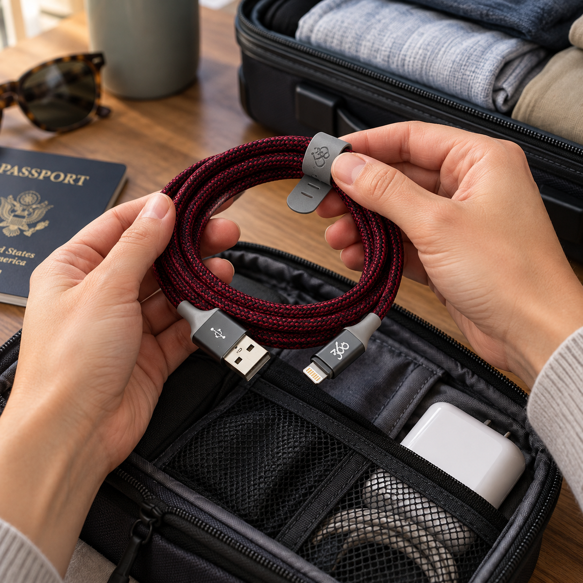 AI-generated lifestyle illustration of a cranberry HabitatCharge 8-foot cable being packed; devices and background props not included.