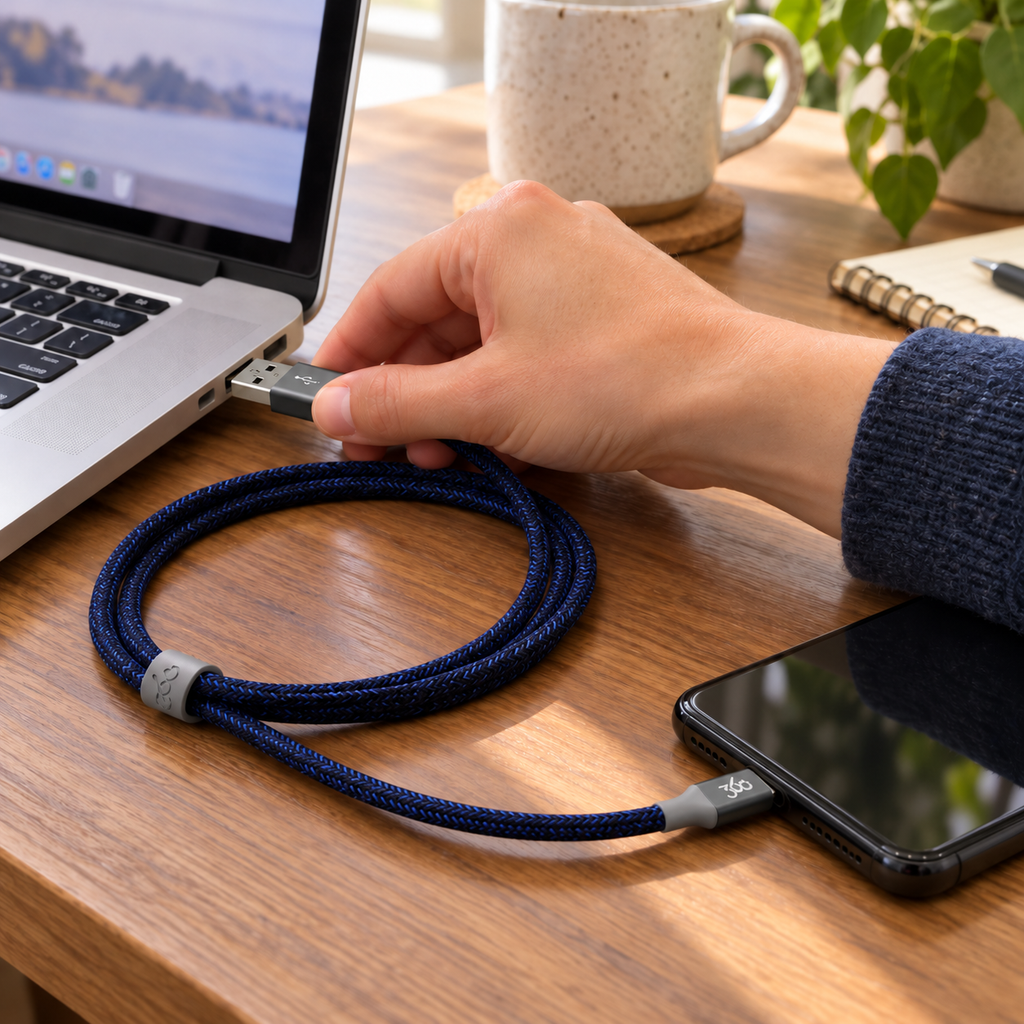 AI-generated lifestyle illustration of a navy HabitatCharge 8-foot cable beside a laptop; devices and background props not included.