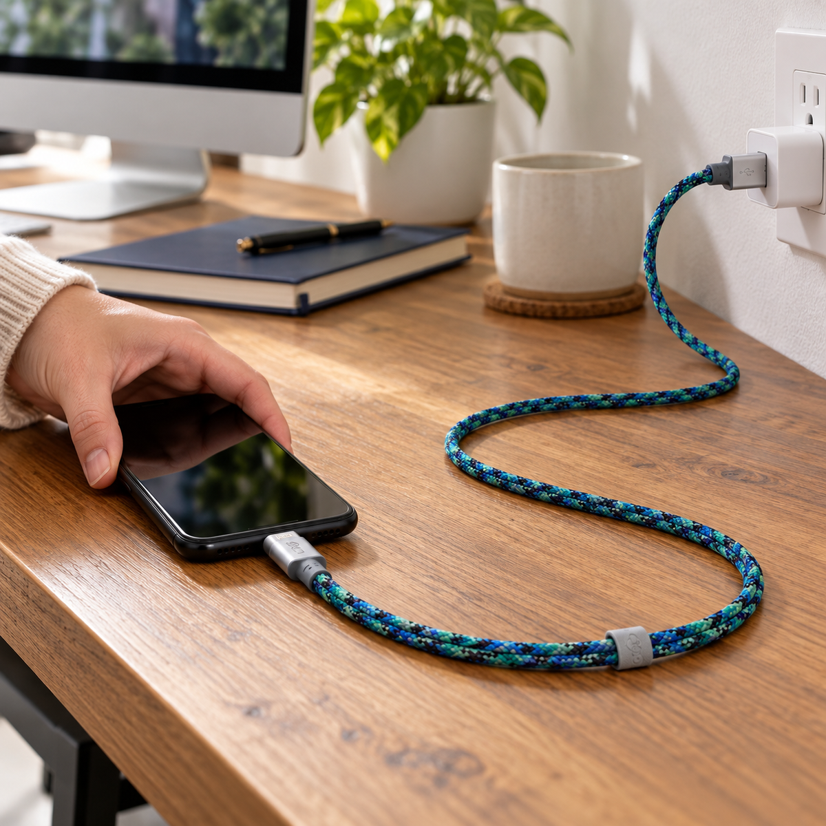 AI-generated lifestyle illustration of a turquoise HabitatCharge 8-foot cable in a desk setting; devices and background props not included.