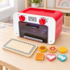 Hape My Baking Oven with Magic Cookies displayed with its patterned tray and six included play cookies.