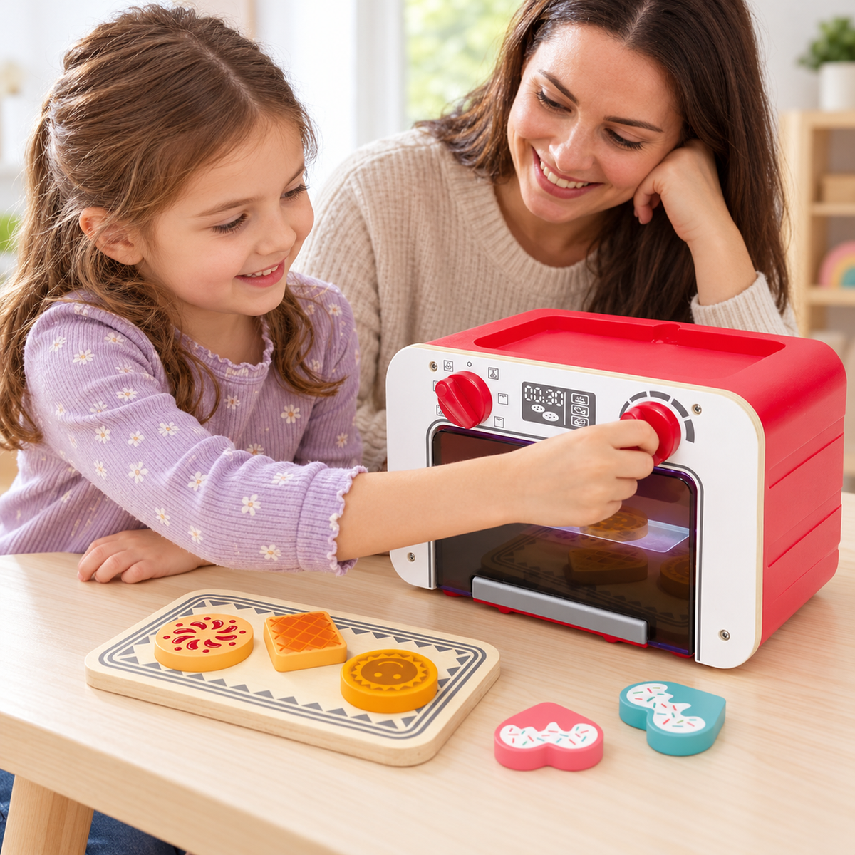 Child turning a knob on the Hape My Baking Oven with Magic Cookies while an adult watches, with the tray and play cookies on the table.