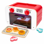 Hape My Baking Oven with Magic Cookies, showing the red-and-white oven, patterned tray and play cookies on a white background.