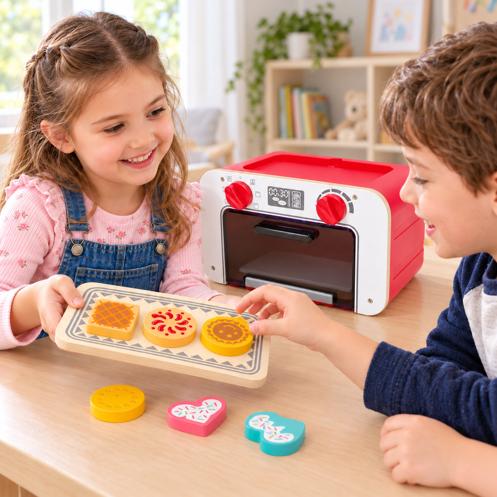 Two children sharing pretend cookies on the patterned tray beside the Hape My Baking Oven with Magic Cookies.