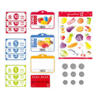 Hape E3184 play accessories arranged flat: nine banknotes, nine coins, three grocery cards, a bank card and food stickers.