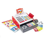 Hape Beep n Buy E3184 cash register with open drawer, scanner, play money, bank card, grocery cards and stickers.
