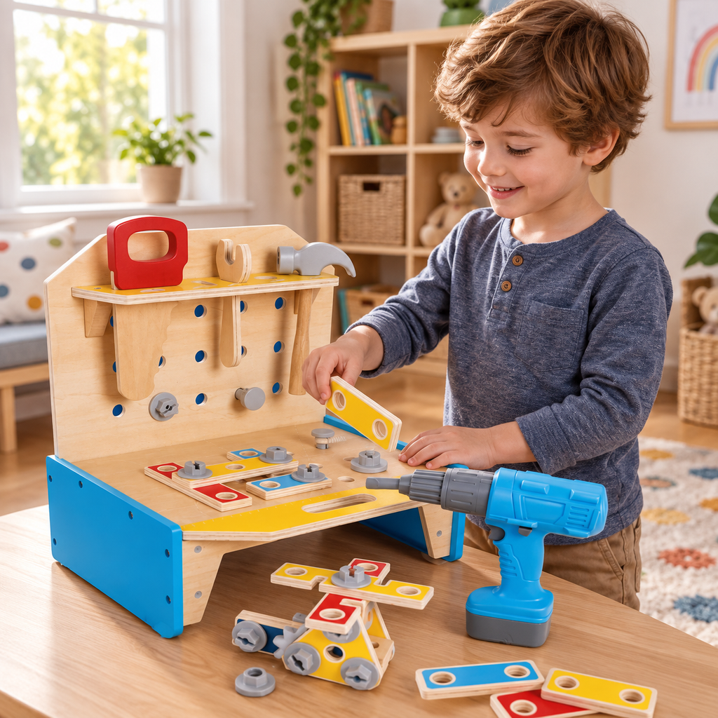 AI-generated lifestyle illustration of a child building with the Hape Little Engineer's Workbench; illustrative context only