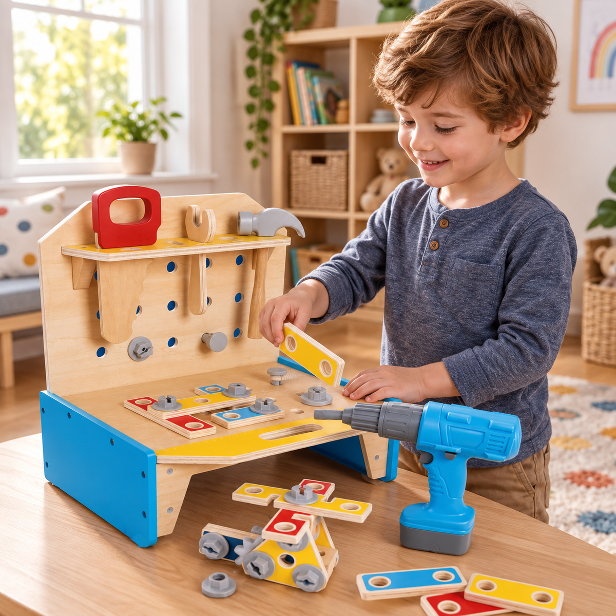 AI-generated lifestyle illustration of a child building with the Hape Little Engineer's Workbench; illustrative context only